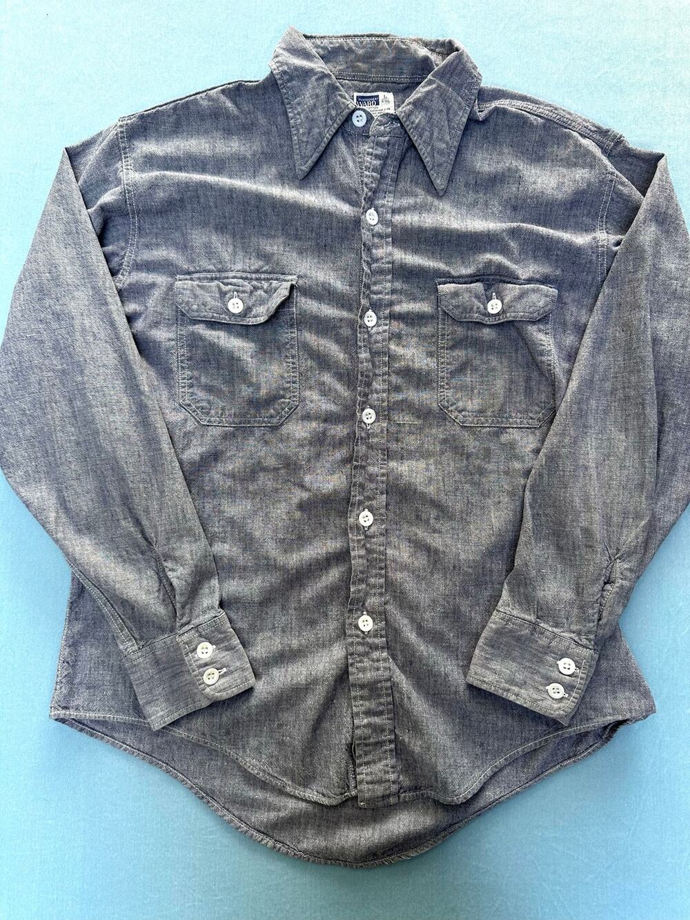 VTG Montgomery Ward Chambray Button Down Shirt Mens L Blue 100% Cotton 1970s